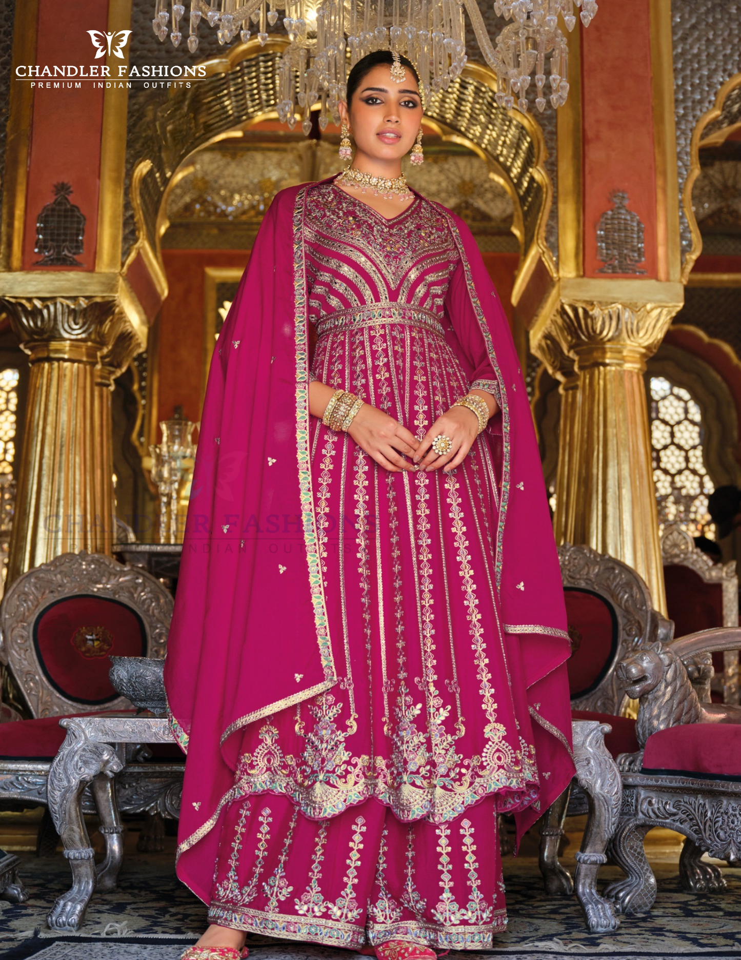 Pink Color Heavy Chinon With Embroidery Work Palazzo Suits Near Me 