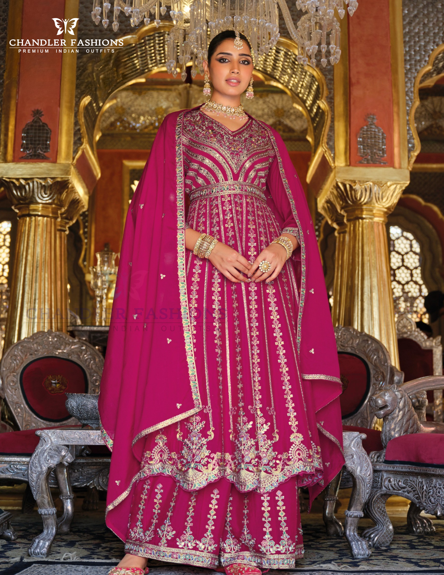 Pink Color Heavy Chinon With Embroidery Work Palazzo Suits Near Me 