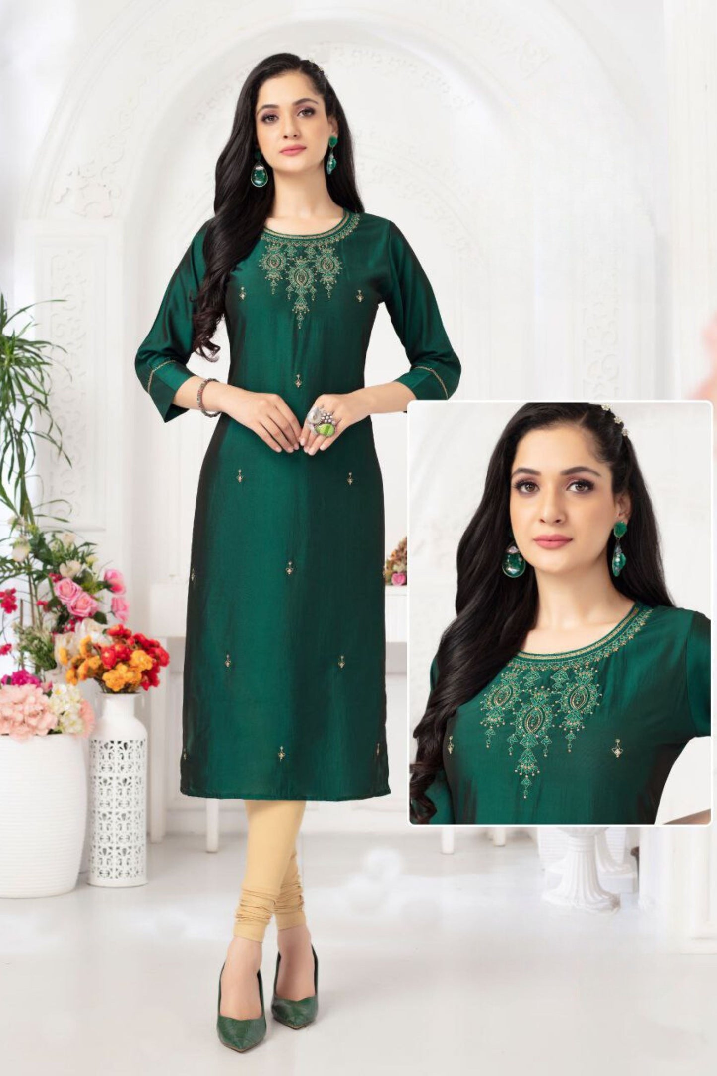 Elegant Green Color Embroidery Work And Rangila Viscose Silk Kurti For Women