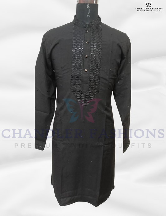 Alluring Black Color Silk Kurta With Pajama Suits For Men