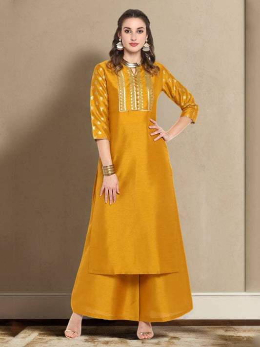 Attractive Women's Mustard Poly Silk Floral Print Kurta with Palazzo and Dupatta