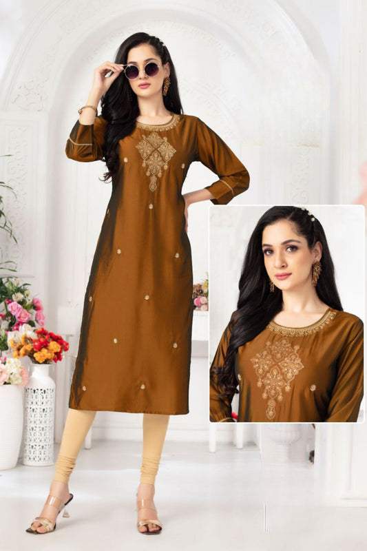 Charming Brown Color Embroidery Work And Rangila Viscose Silk Kurti For Women