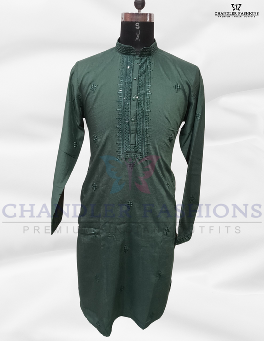 Exquisite Green Color Soft Silk Kurta With Pajama For Men