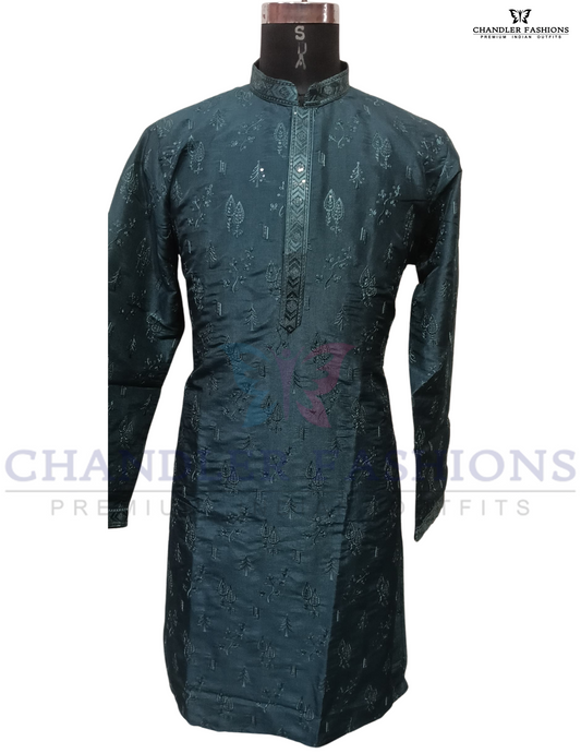Attractive Teal Blue Color Embroidery Work Kurta With Pajama For Men