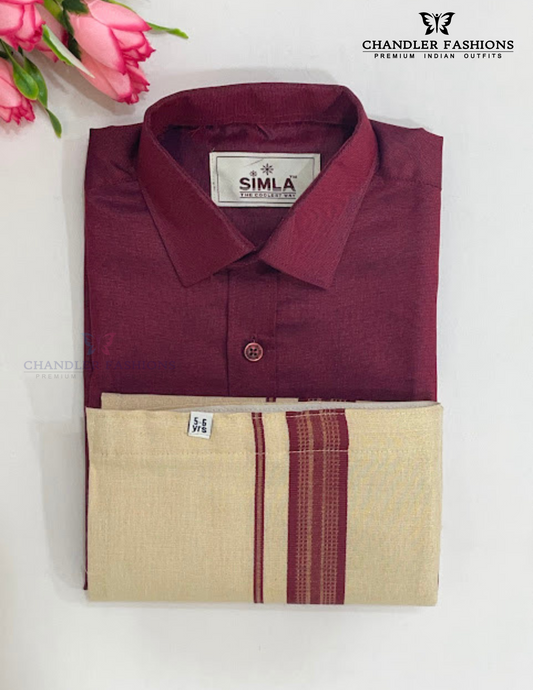 Attractive Maroon Color Cotton Shirt With Tissue Zari Work Dhoti Set For Kids