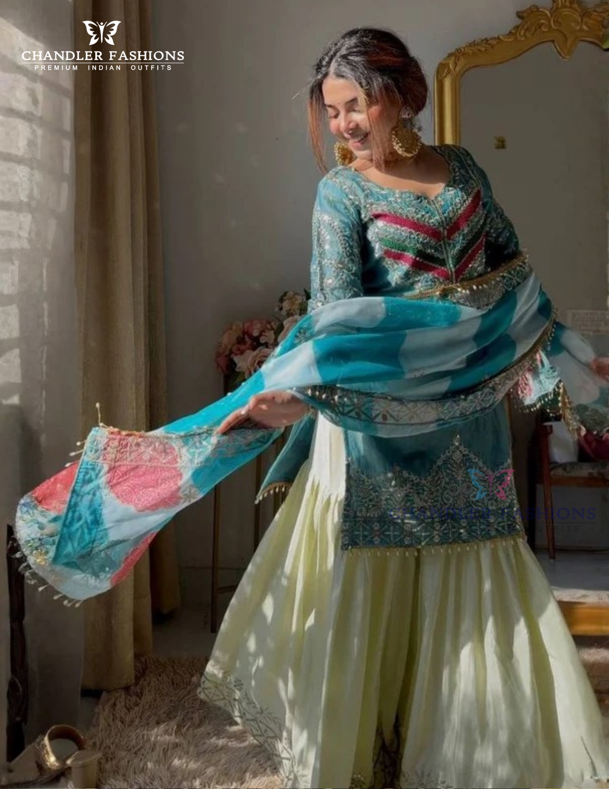 Teal Blue Color Fendy Silk With Embroidery And Sequins Work Sharara Suit Near Me
