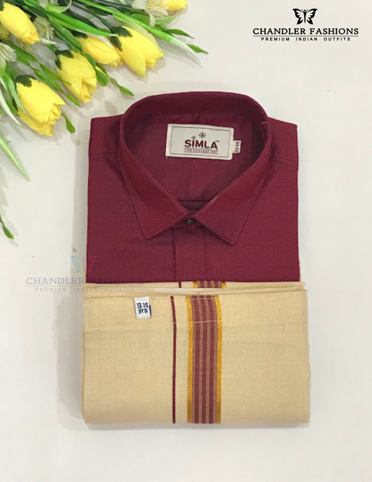 Appealing Maroon Color Cotton Shirt With Tissue Zari Work Dhoti Set For Kids