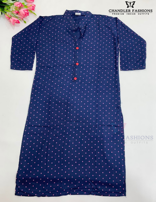 Attractive Blue Color With Printed Work Rayon Kurti For Girls