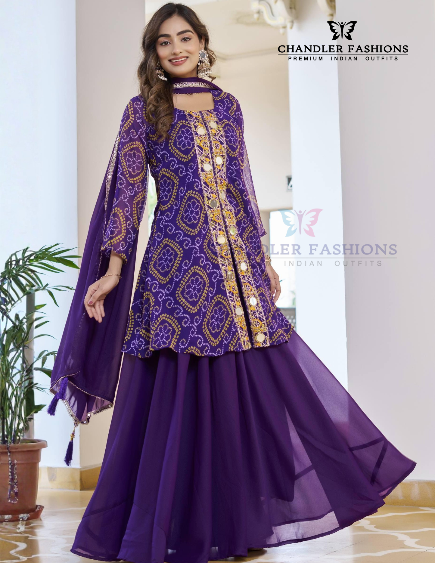 Beautiful Purple Color Georgette With Bandhej Print And Embroidery Palazzo Suits