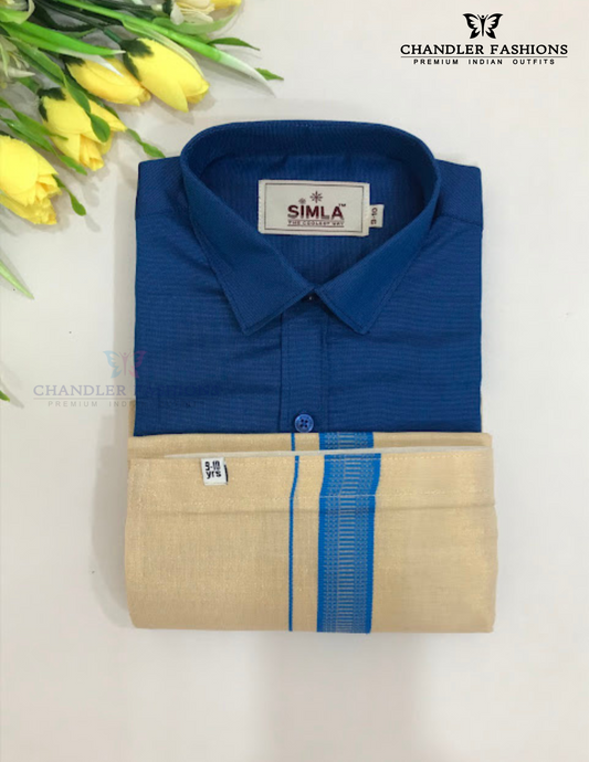 Gorgeous Blue Color Cotton Shirt With Tissue Zari Work Dhoti Set For Kids