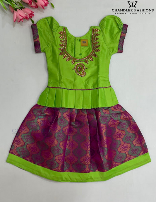 Attractive Light Green Color Art Silk Langa Set With Stone Work For Girls