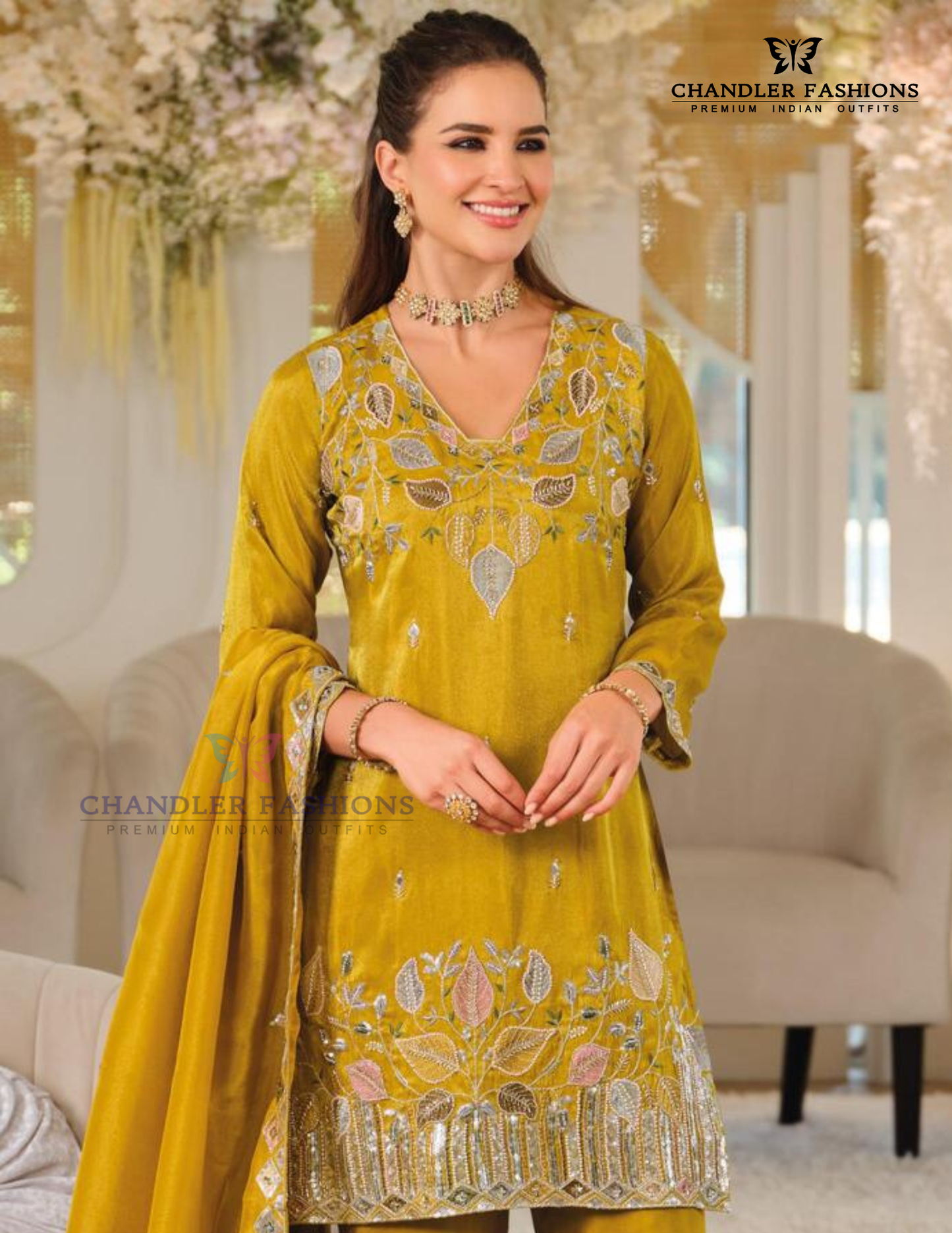 Mustard Yellow Color Shimmer With Embroidery Work Palazzo Suits In USA