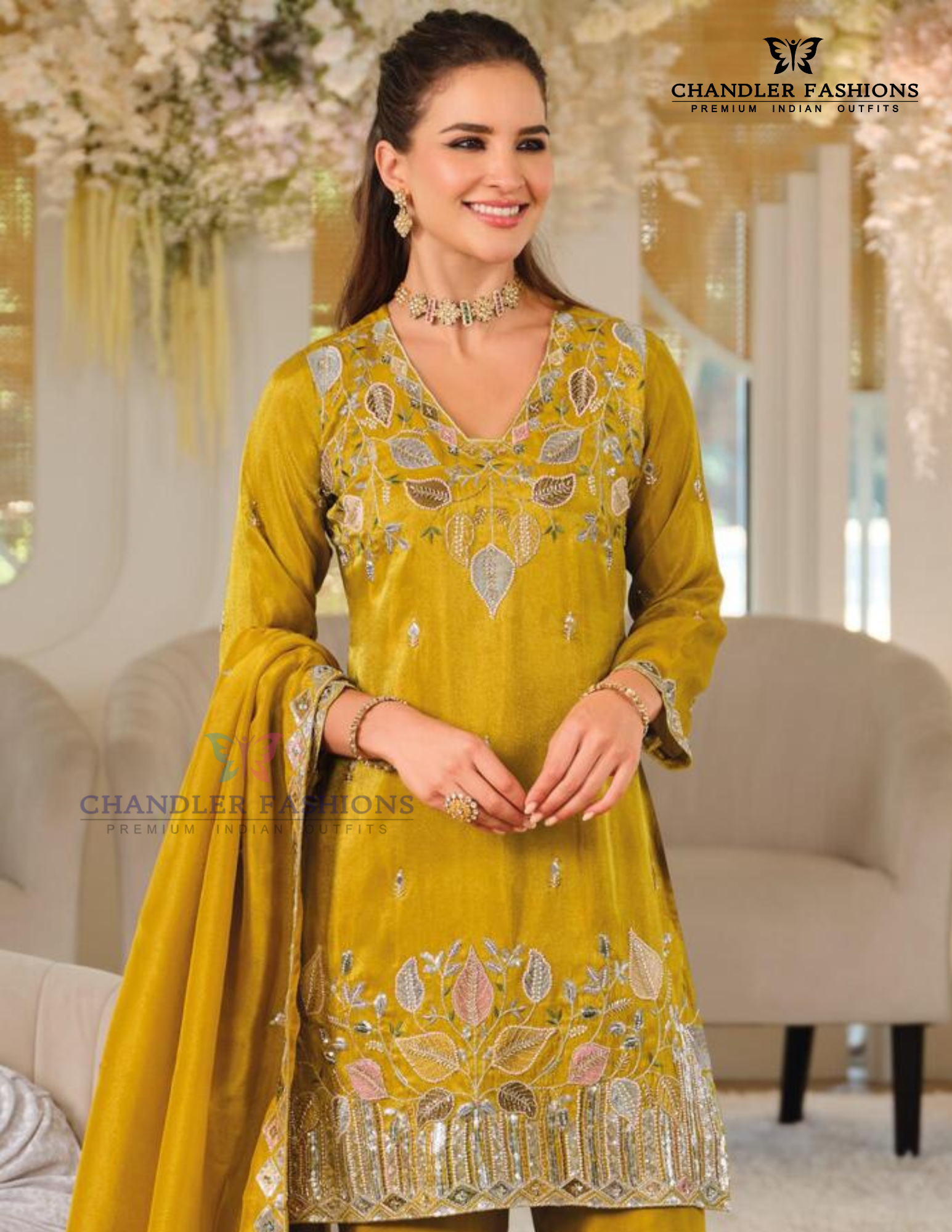Mustard Yellow Color Shimmer With Embroidery Work Palazzo Suits In USA