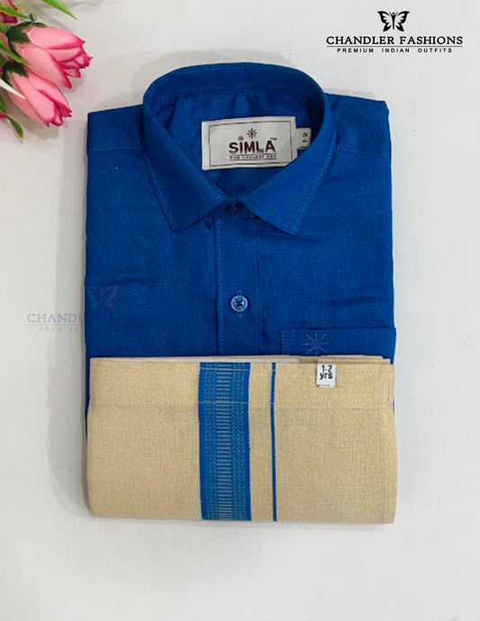 Alluring Blue Color Cotton Shirt With Tissue Zari Work Dhoti Set For Kids