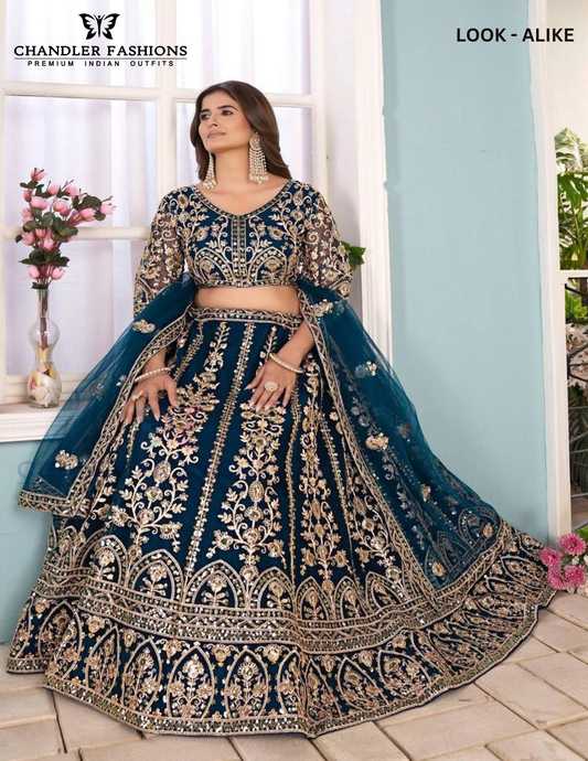 Pleasing Blue Color Butterfly Net With Embroidery And Sequins Work Lehenga For Women