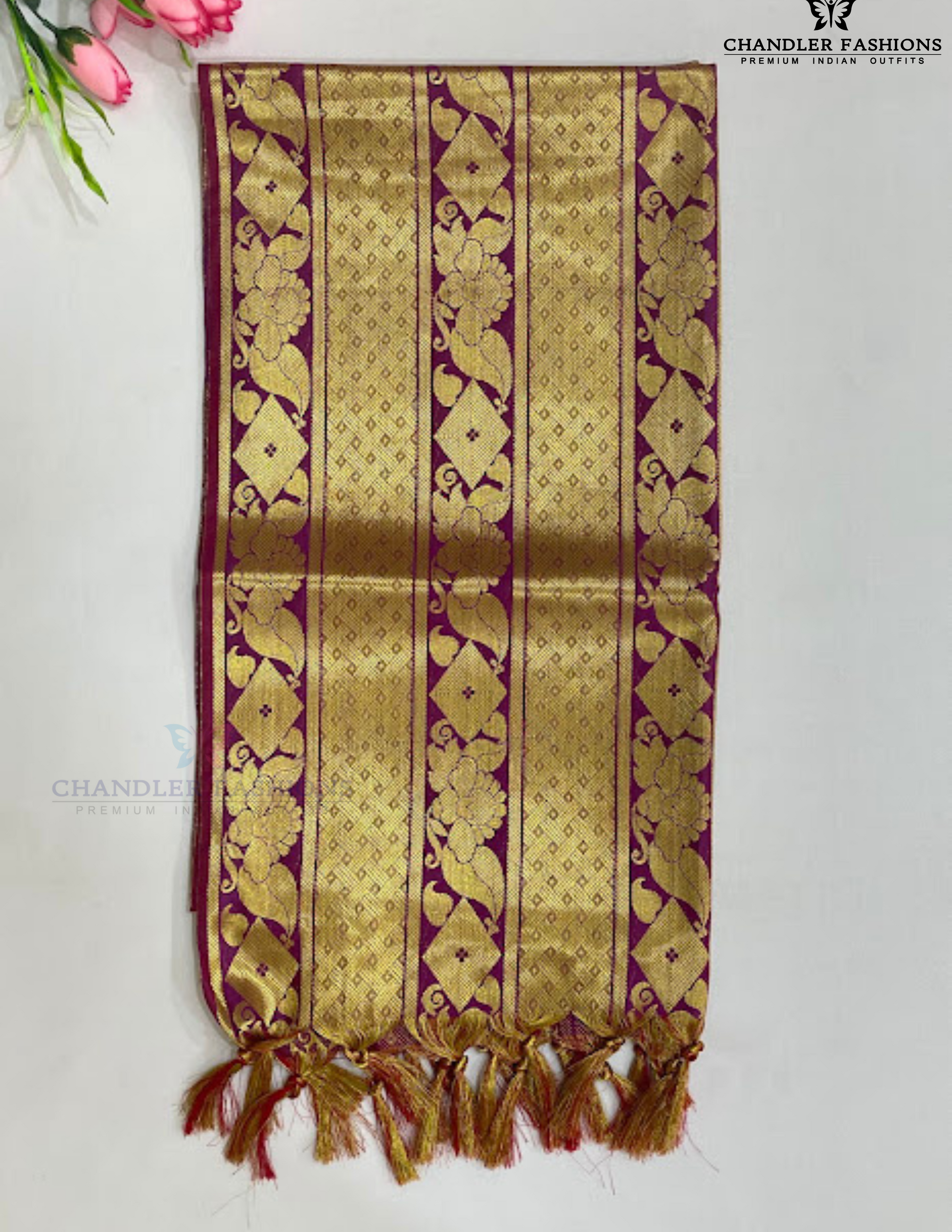 Stunning Purple Color Art Silk Shawl With Golden Zari Work (Ponnadai) For Guest