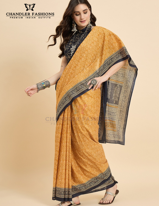 Attractive Yellow Color Cotton With Printed Work Saree For Women
