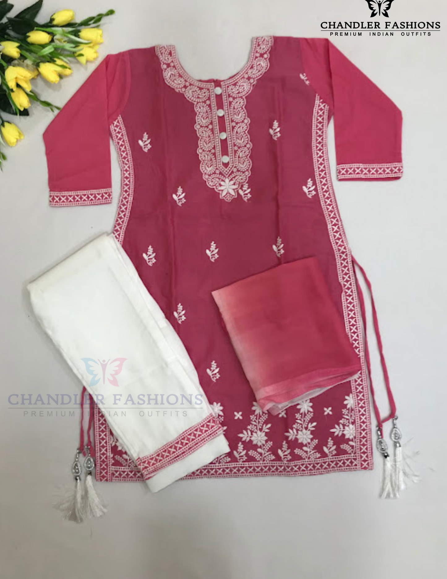 Alluring Pink Color With Embroidery Work Cotton Kurti Suits For Girls