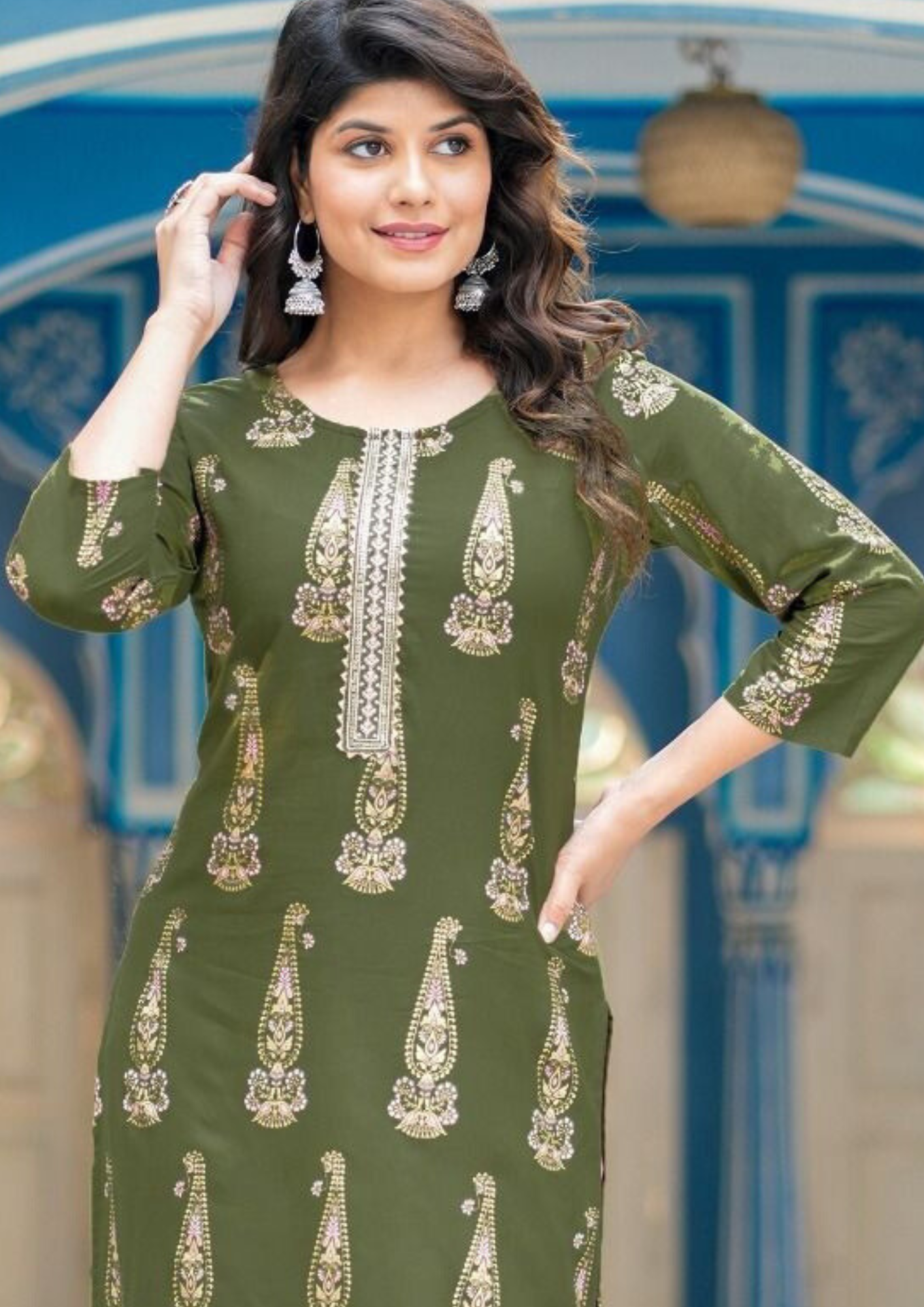 Elegant Green Colored Kurti With Rayon Gold Print Near Me