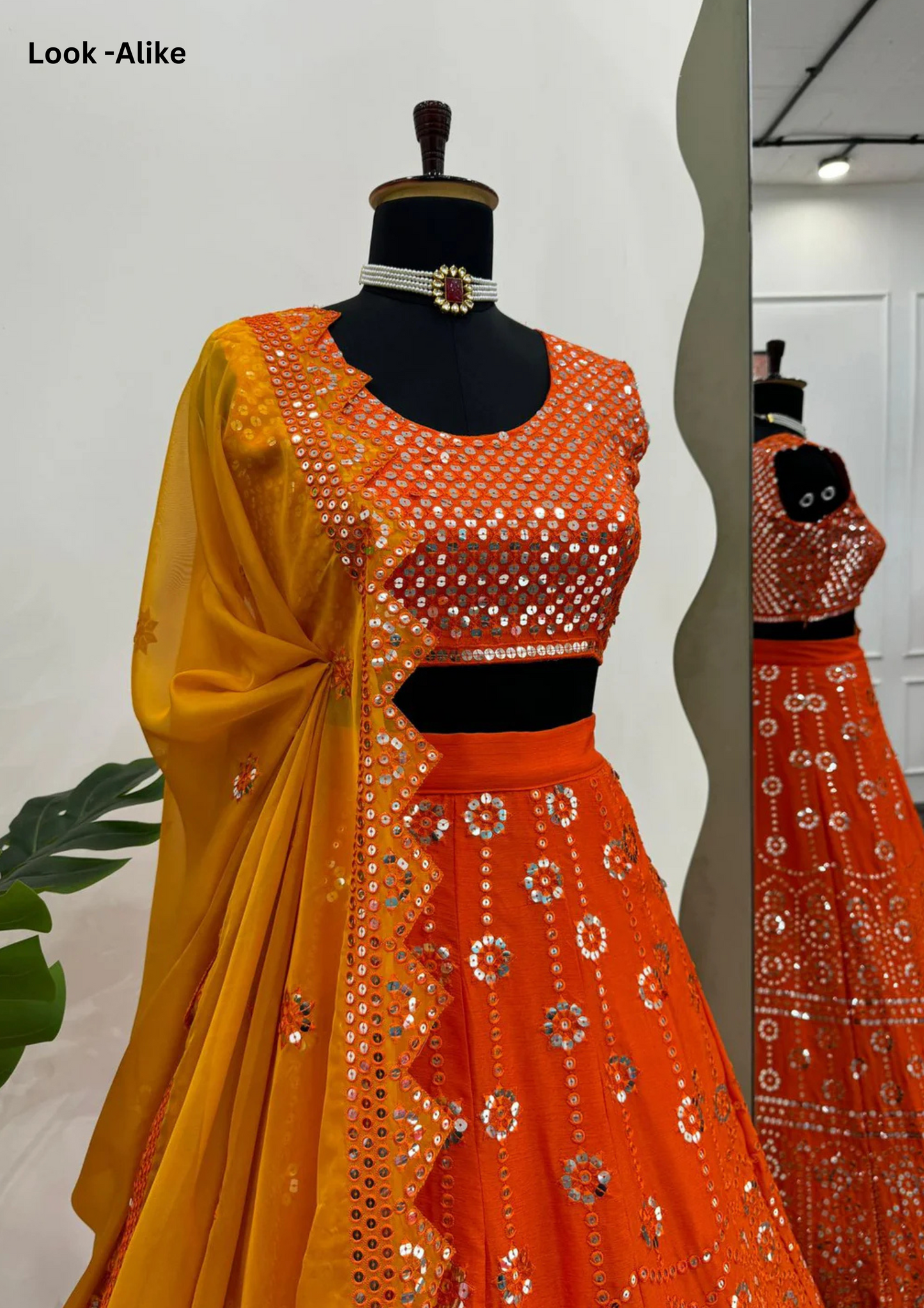 Alluring Orange Color Chinon Sequins And Thread Work Lehenga With Lace Border Dupatta Near Me