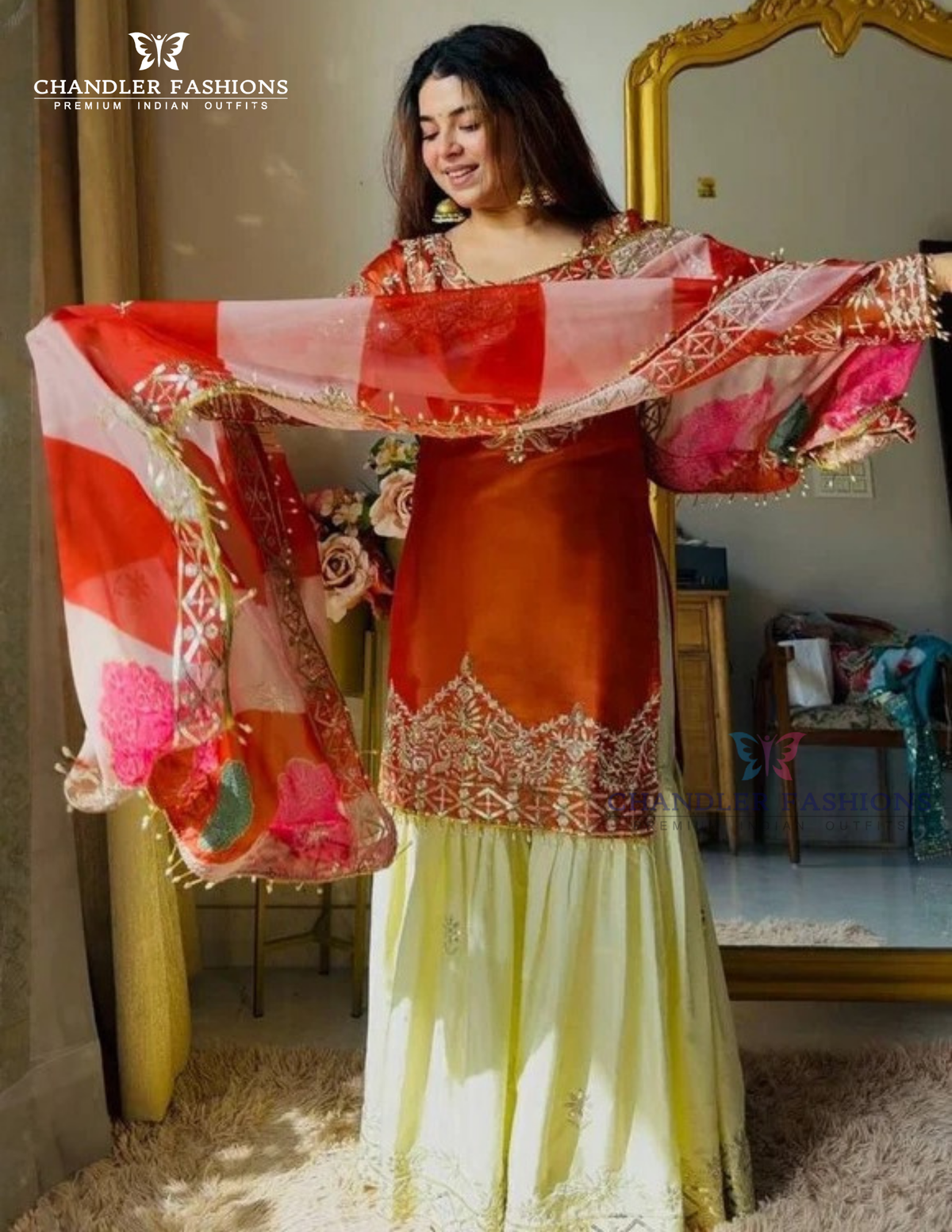 Orange Color Fendy Silk With Embroidery And Sequins Work Sharara Suit Near Me