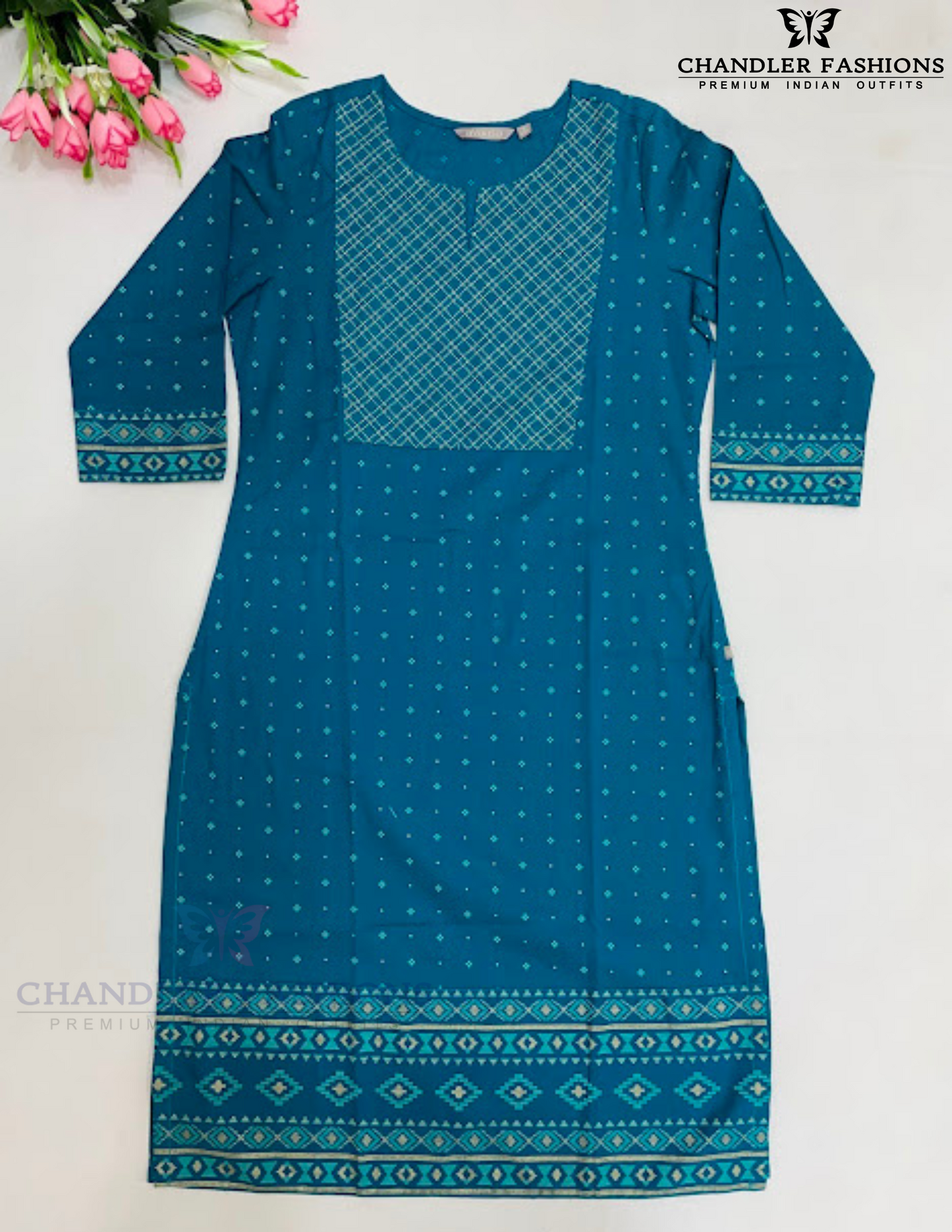 Attractive Blue Color Cotton Kurti With Embroidary Work In Surprise