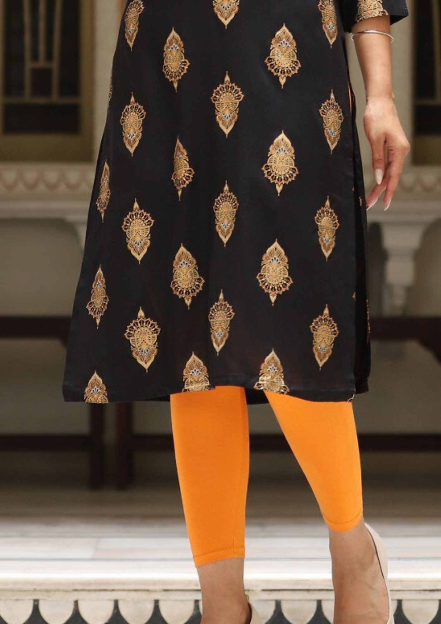 Pretty Black Color  Gold printed Kurti With Fancy Embroidery Work In Suncity