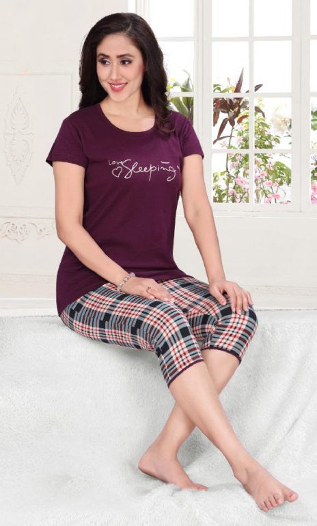 Purple Blush Cotton Top With 3/4th Pant & Full Pant Nightwear Near me