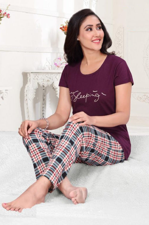 Women's Purple Blush Cotton Top With 3/4th Pant & Full Pant Nightwear 3 pieces Set