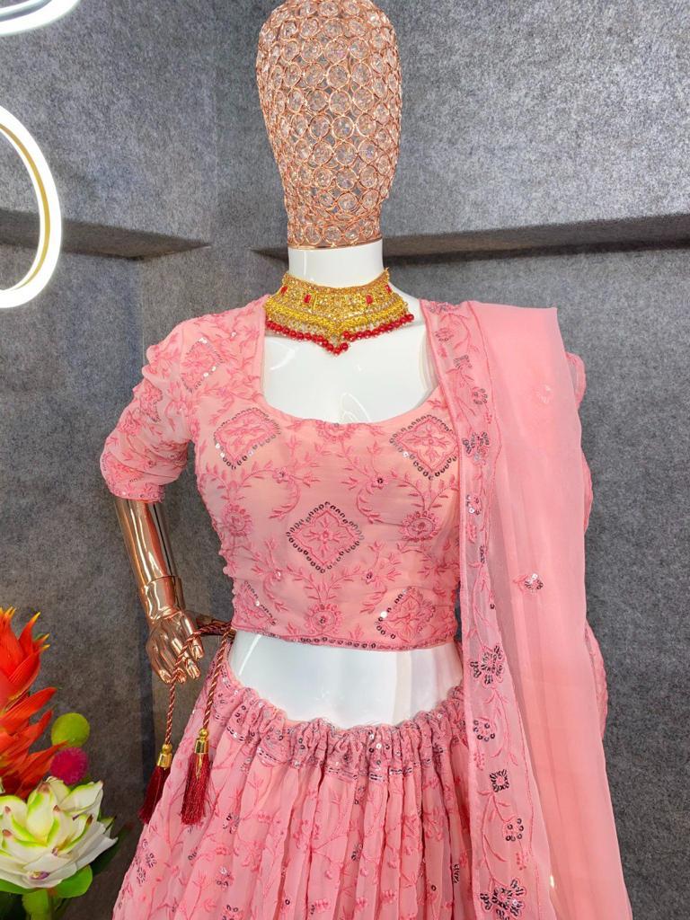 Gorgeous Pink Colored Faux Georgette Lehenga Near Me
