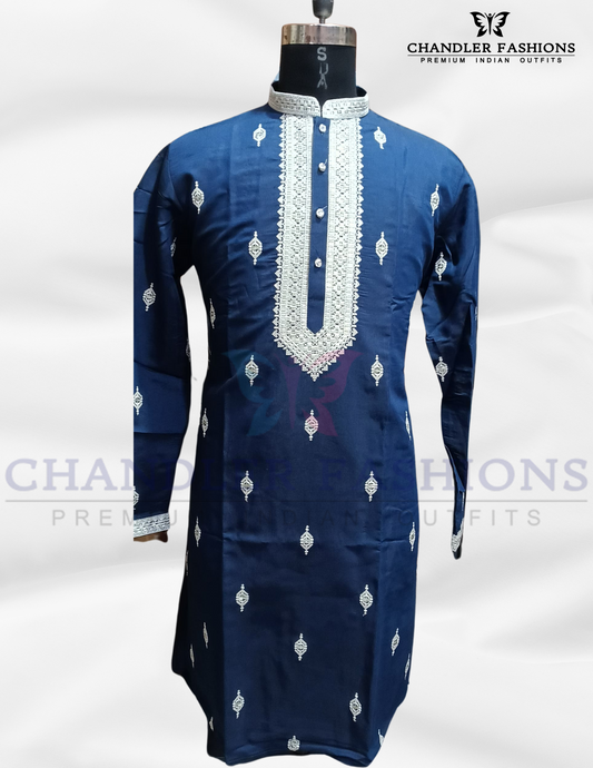 Attractive Blue Color Silk Kurta With Pajama For Men
