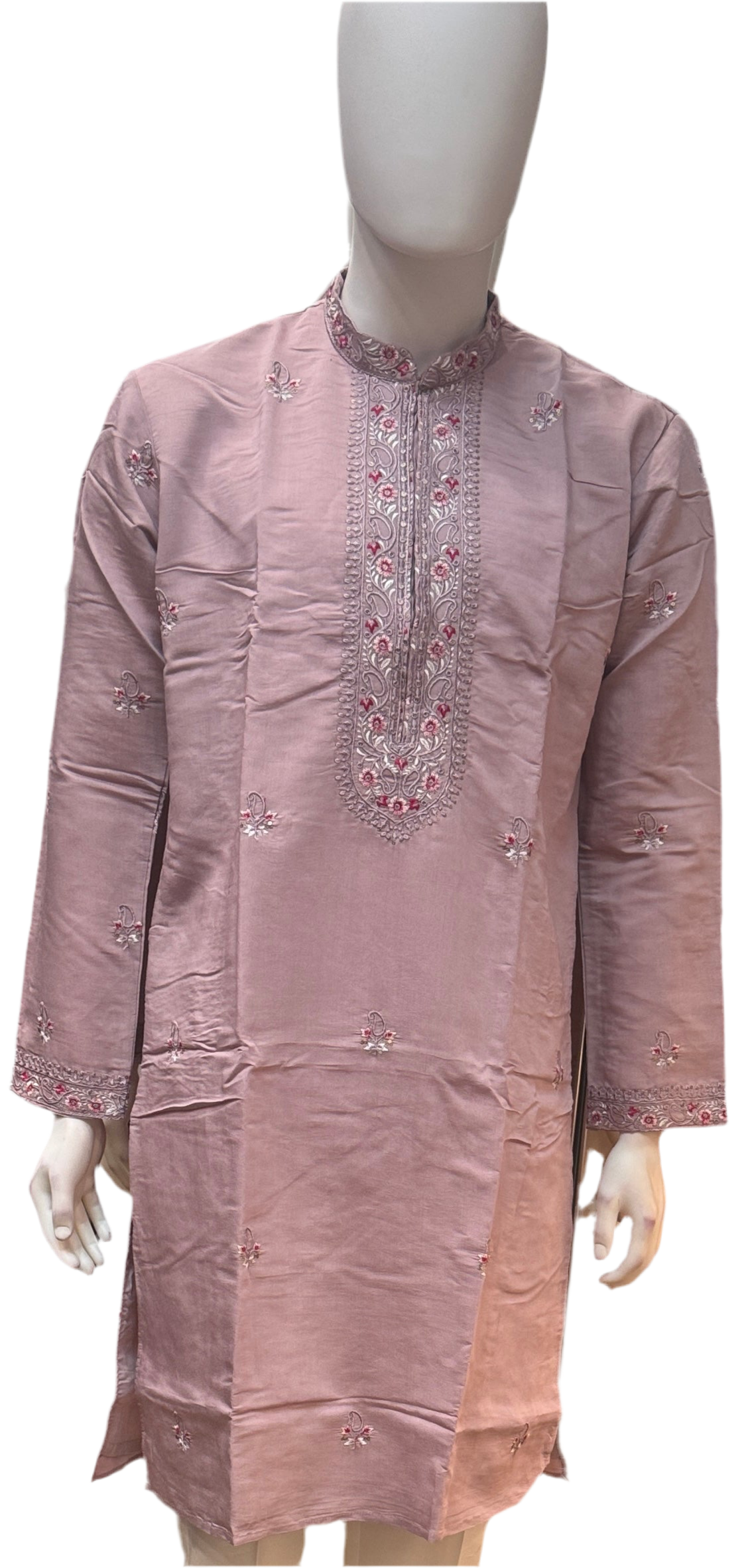 Attractive Light Pink Color Cotton Embroidery Work Kurta Suits For Men