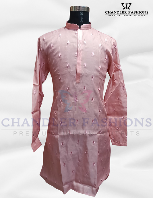 Attractive Pink Color Embroidery Work Silk Kurta With Pajama For Men
