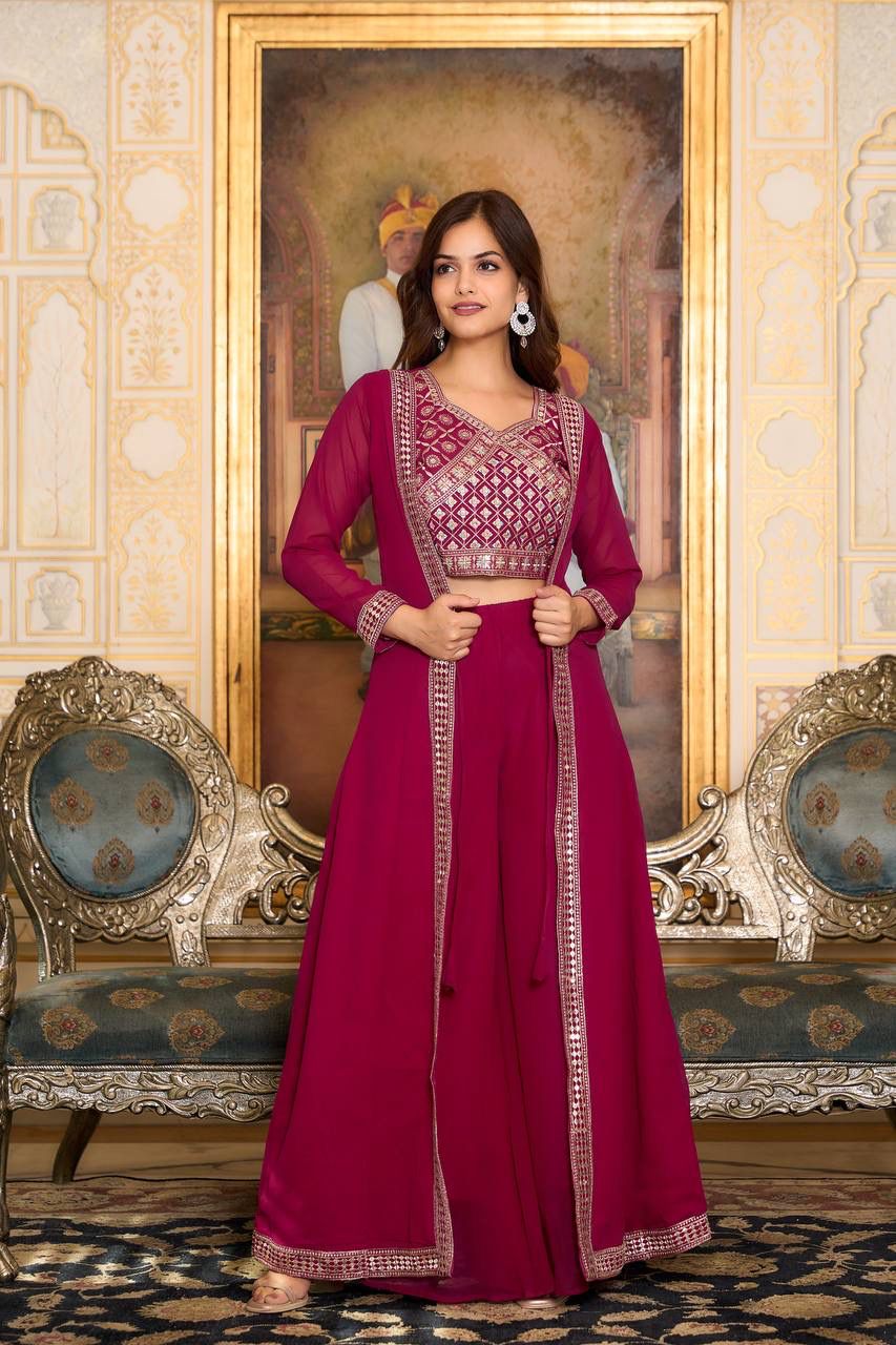  Maroon Color Heavy Georgette Embroidery Lace Kurti With Palazzo Suits For Women Near Me