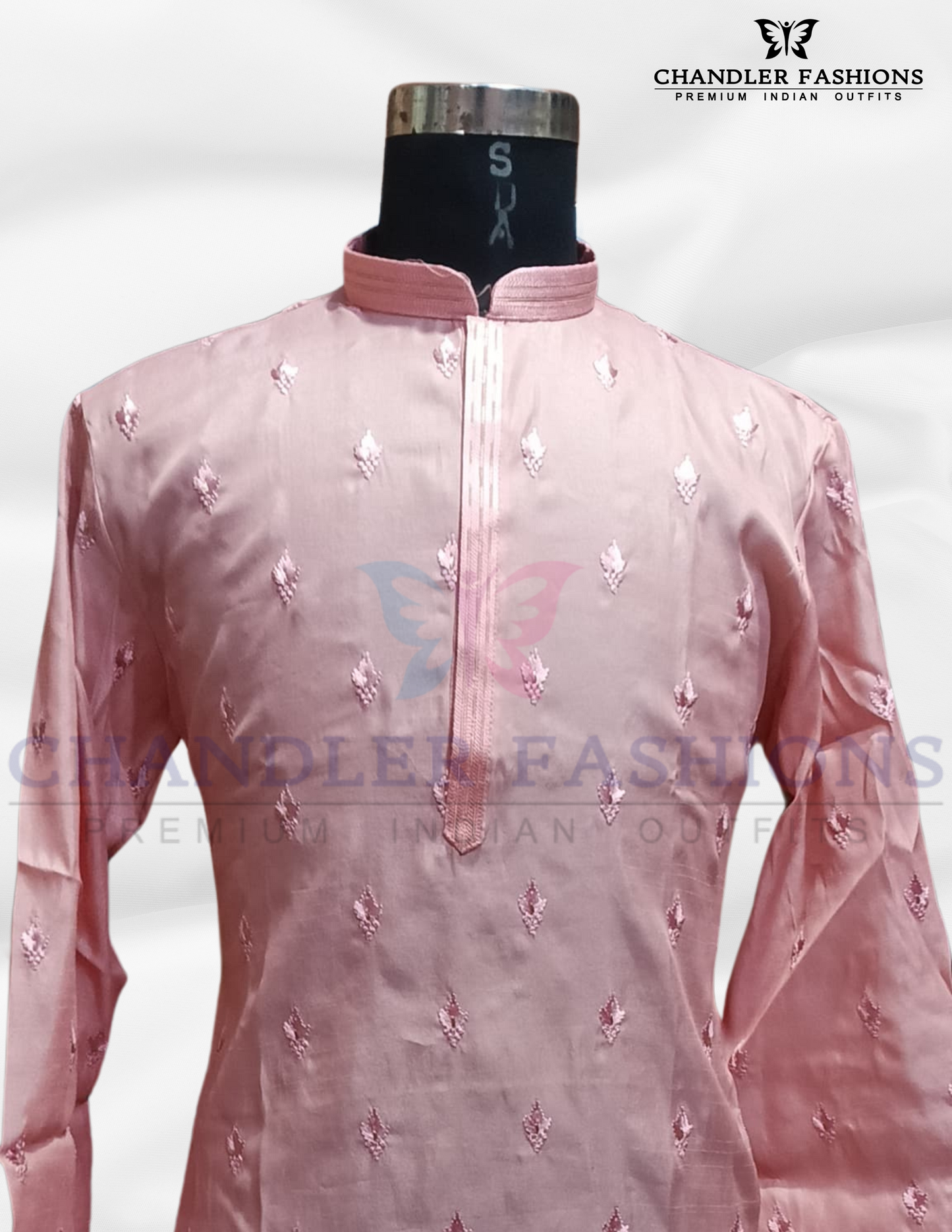 Attractive Pink Color Embroidery Work Silk Kurta With Pajama Near Me