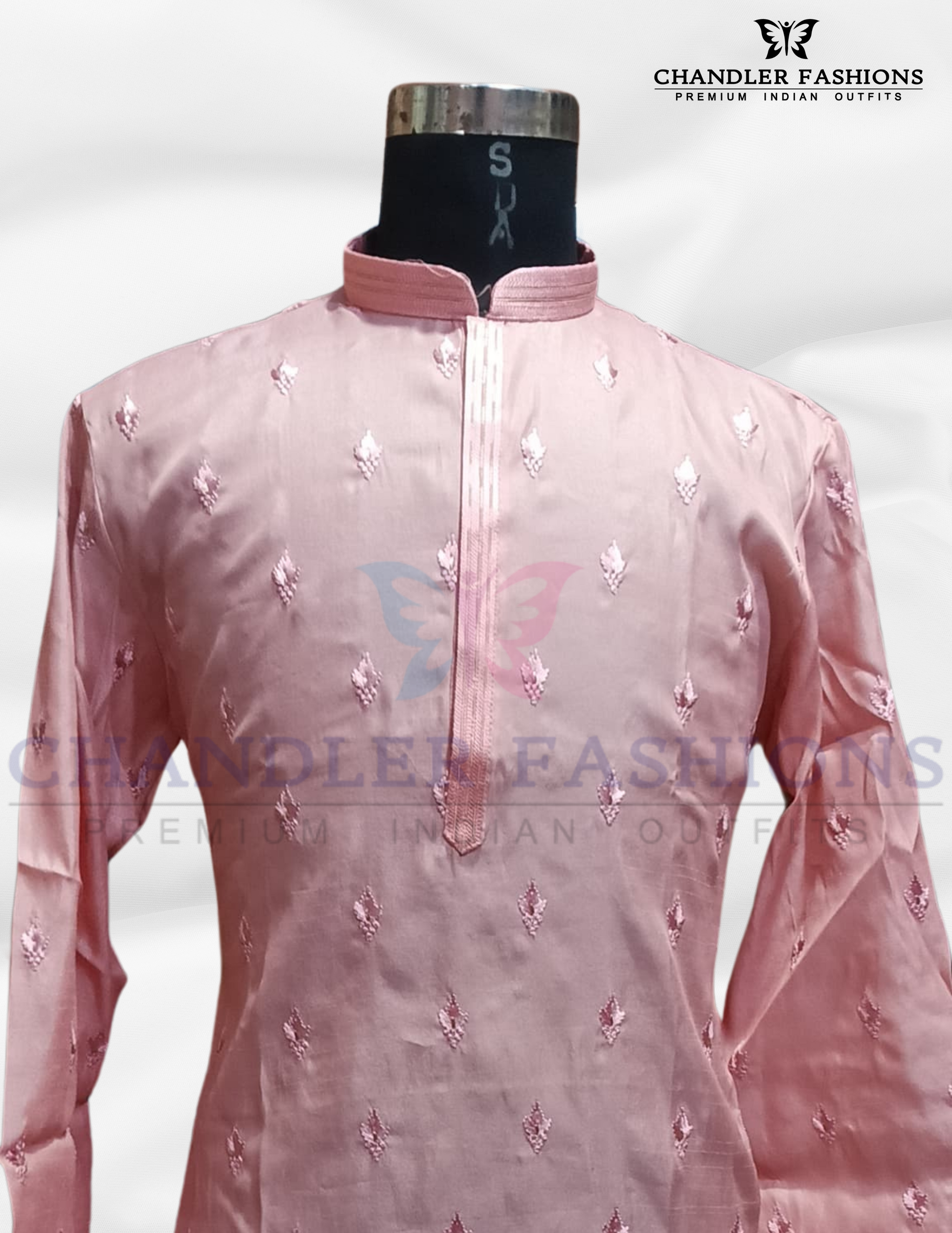 Attractive Pink Color Embroidery Work Silk Kurta With Pajama Near Me