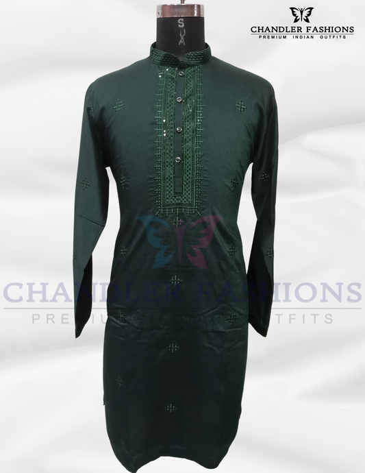 Alluring Dark Green Color Soft Silk Kurta With Pajama For Men