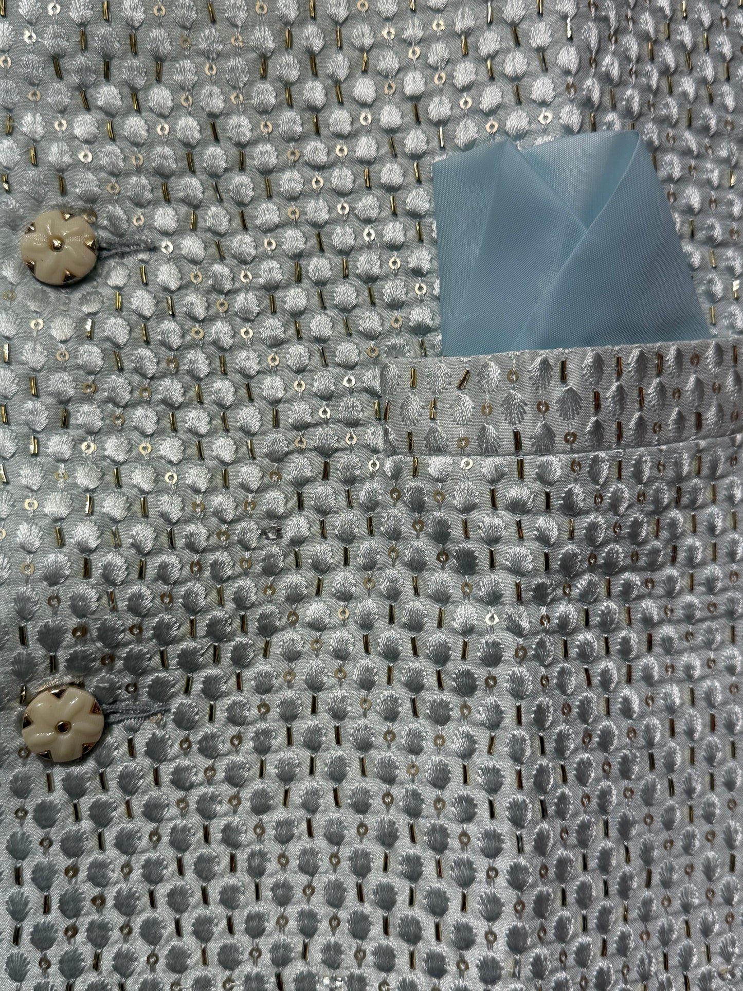Light Blue Color Sequins Work With Silk Men's Jacket In USA