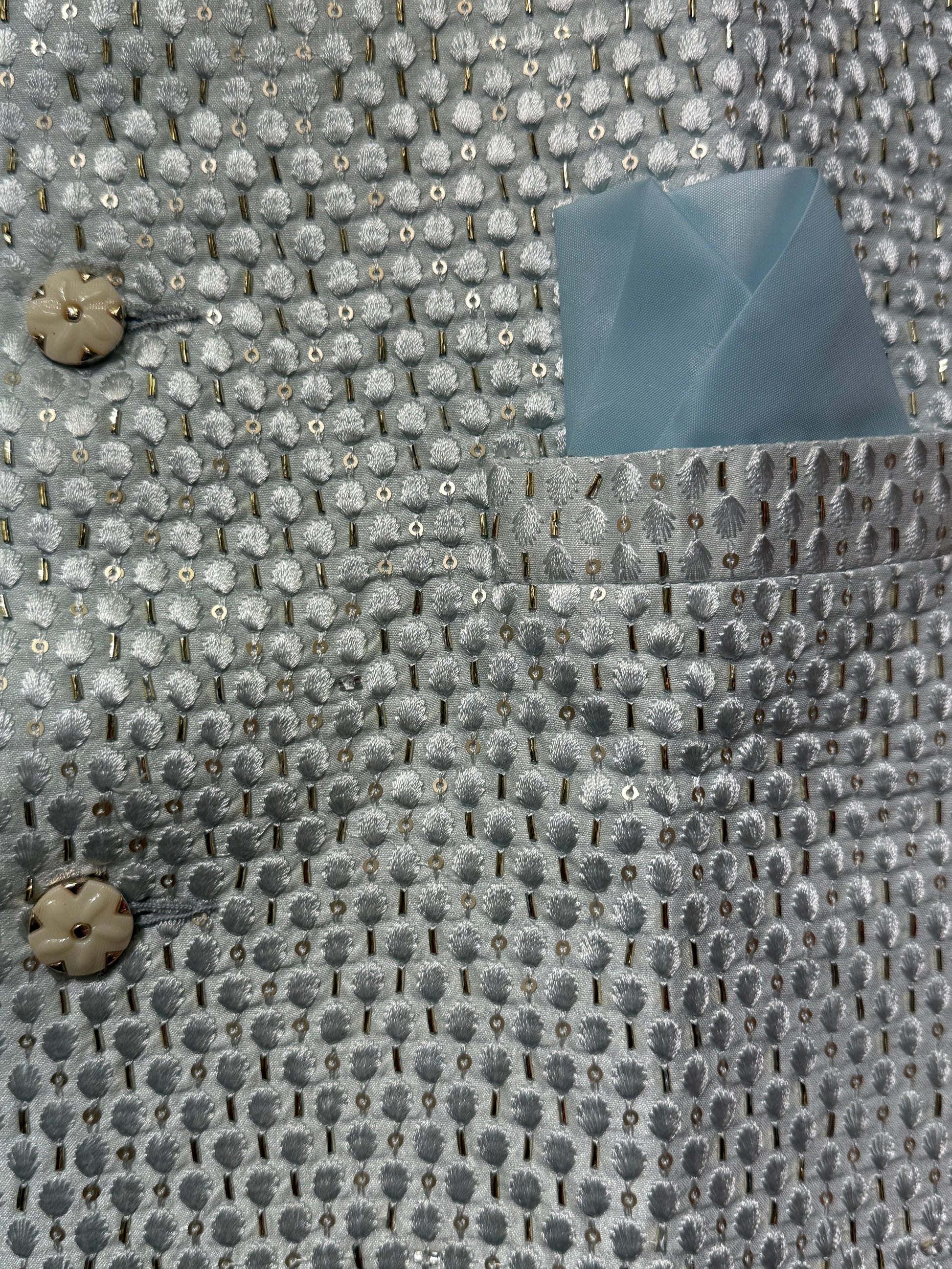 Light Blue Color Sequins Work With Silk Men's Jacket In USA