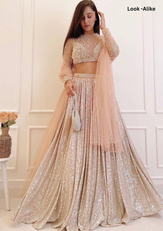 Gorgeous Peach Color Satin Silk Sequins And Zari Work Lehenga With Pearl Border Dupatta