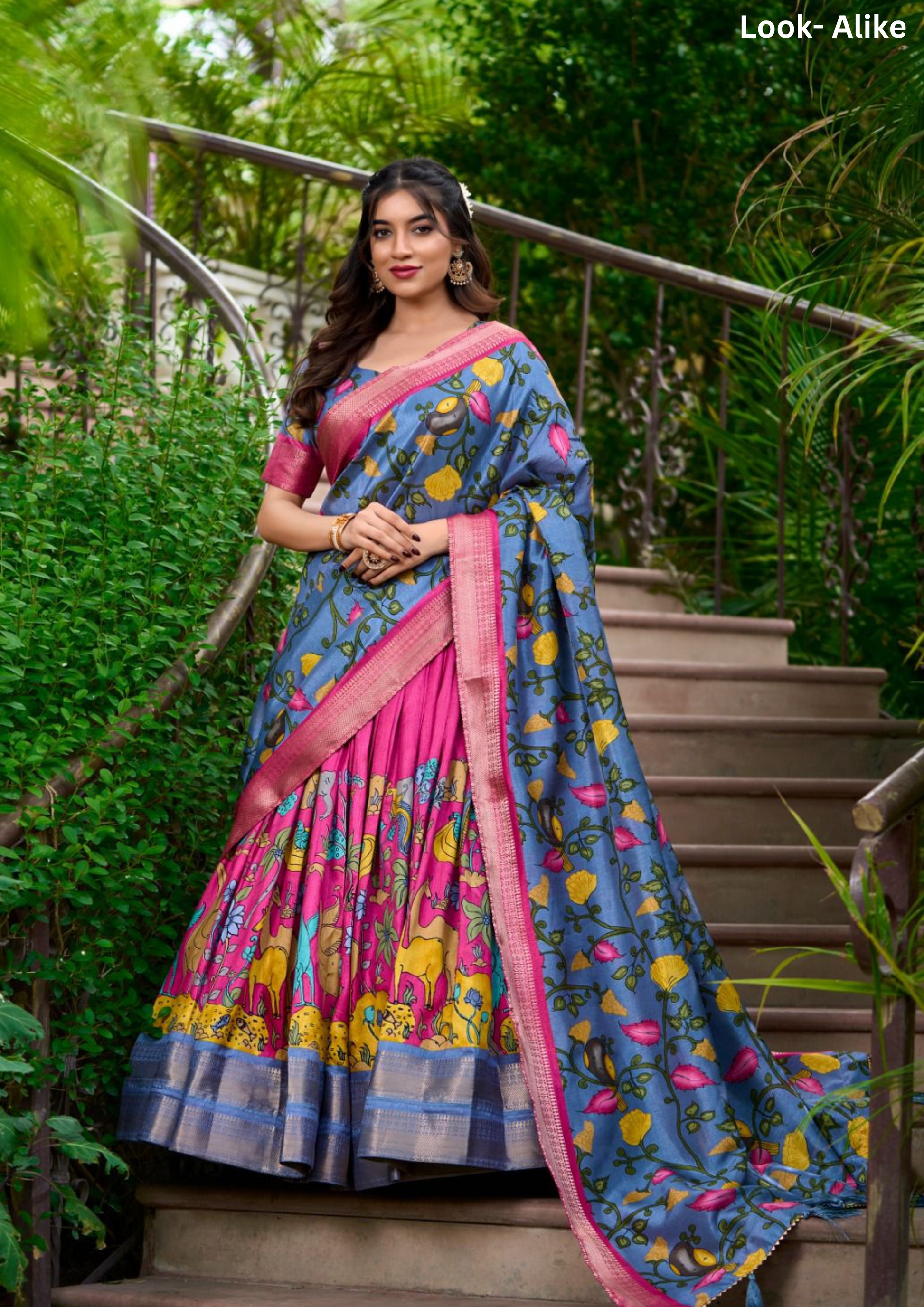 Alluring Blue Colored Kalamkari Print With Zari Weaving Border Lehenga Choli With Dupatta