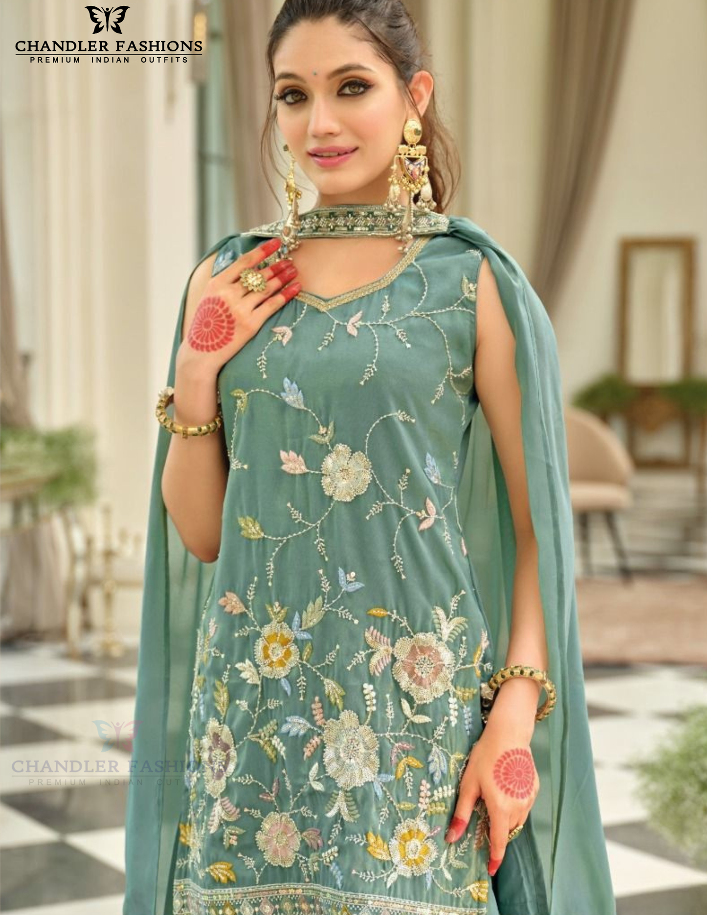 Pale Green Color Shimmer Silk With Embroidery Work Palazzo Suits Near Me