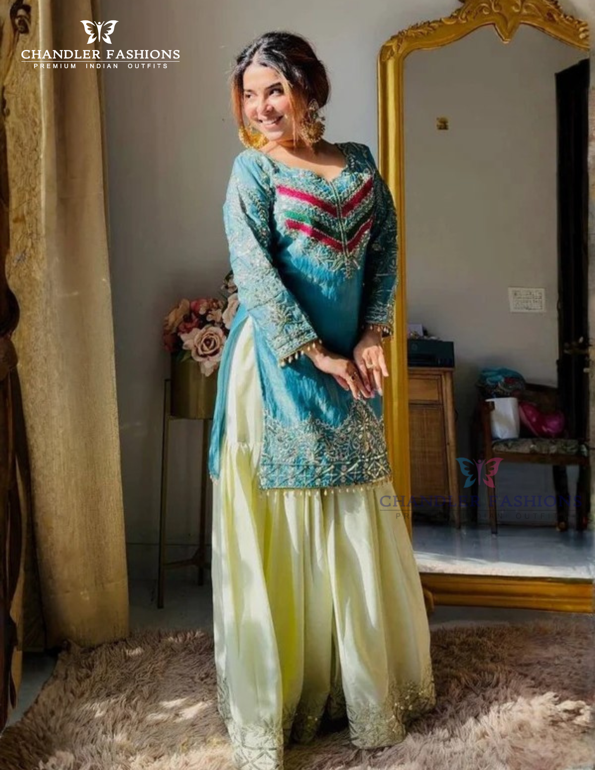 Teal Blue Color Fendy Silk With Sequins Work Sharara Suit In USA