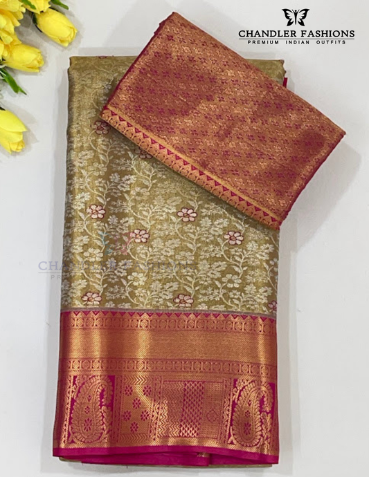 Alluring Gold Color Pure Kanchi Silk With Floral Motifs And Magenta Color With Paisely Motifs Pallu Design Gold Zari Work Saree For Women