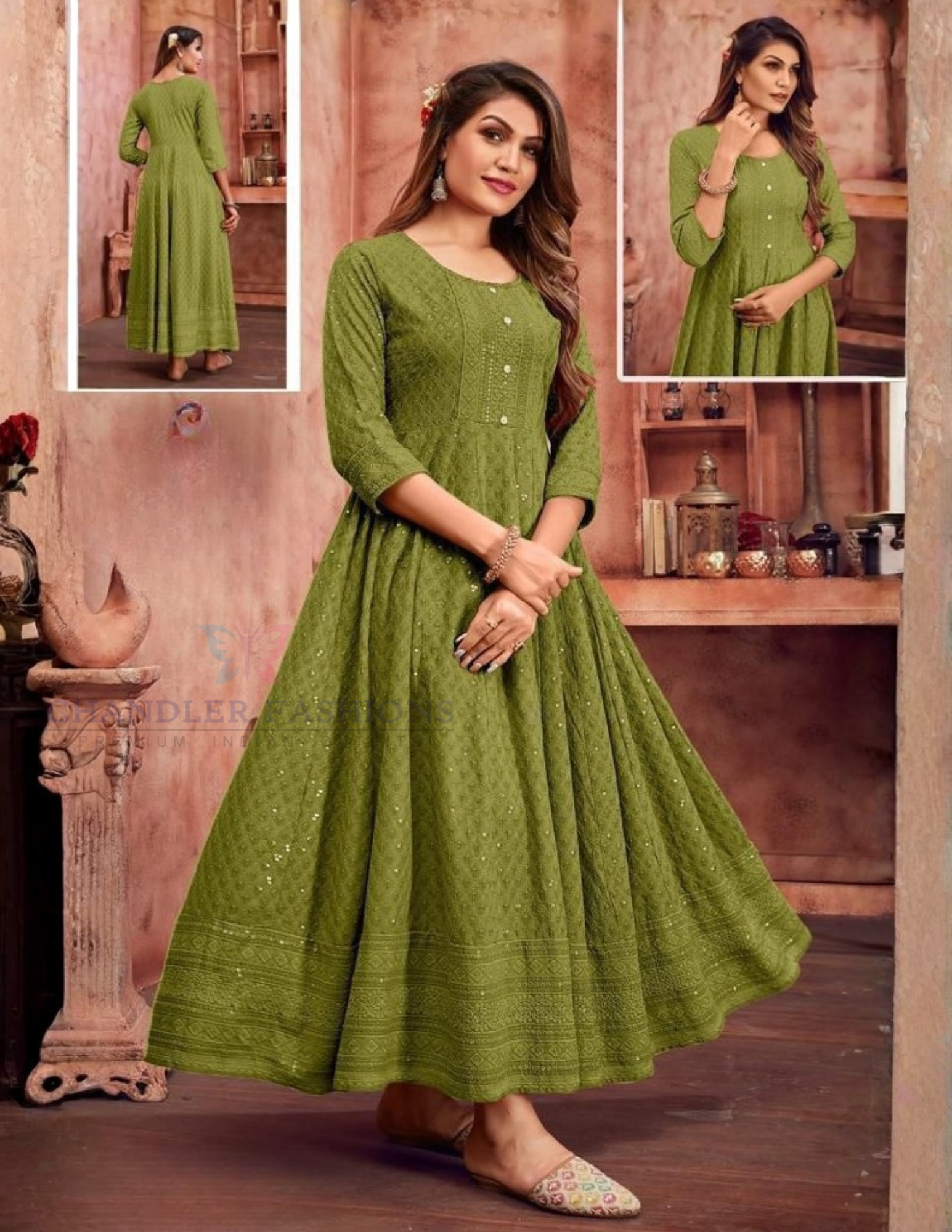 Olive Green Color Anarkali Gown In USA