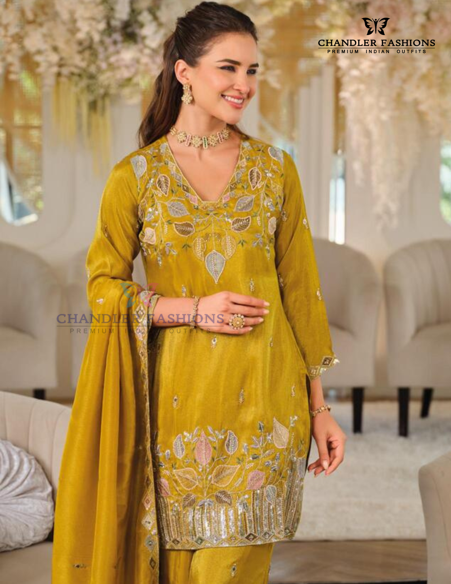Yellow Color Shimmer Palazzo Suits In Prescott