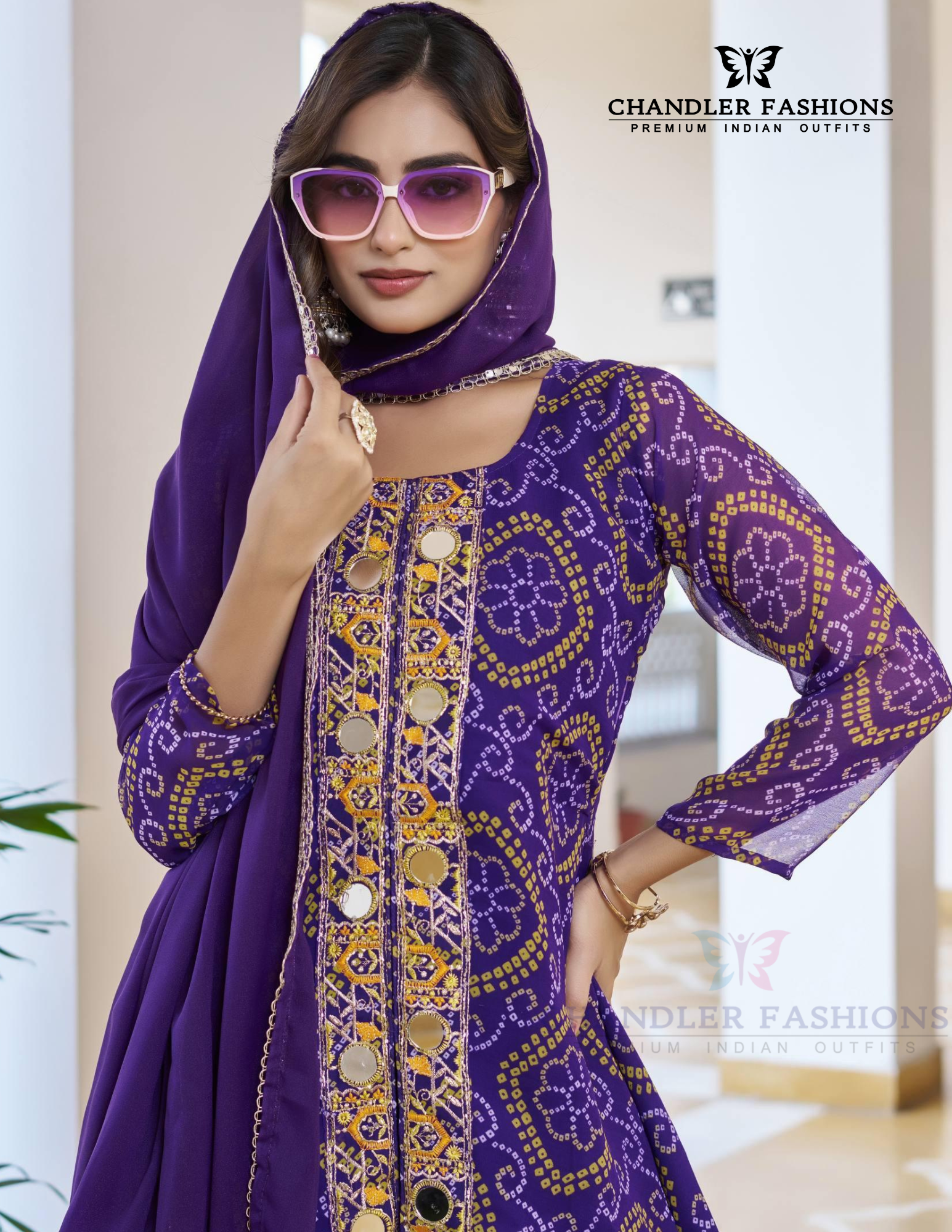 Purple Color Georgette With Bandhej Print Palazzo Suits In USA