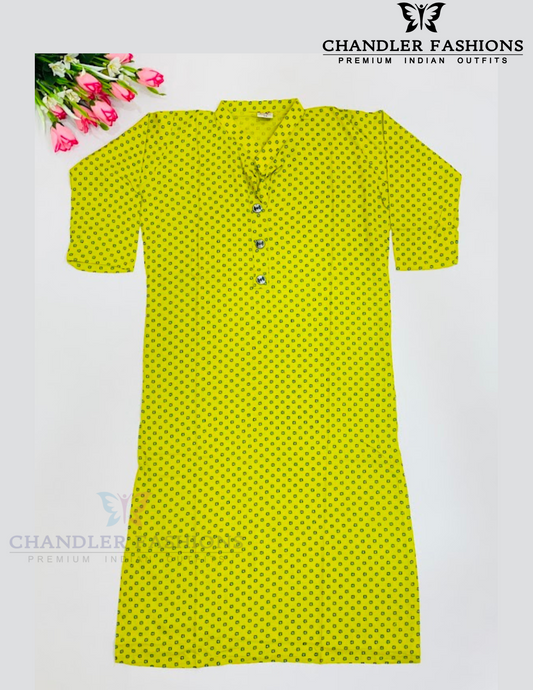Attractive Lime Green Color Rayon With Printed Work Kurti For Girls