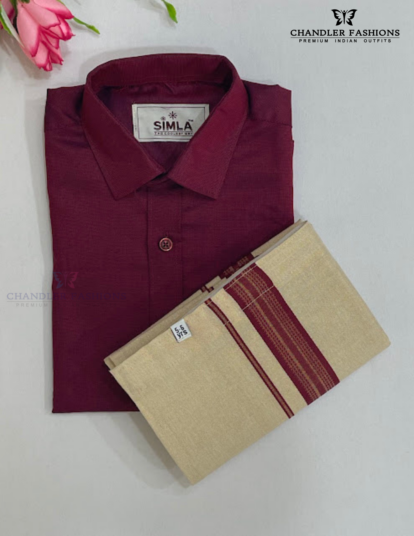 Attractive Maroon Color Cotton Shirt With Tissue Zari Work Dhoti Set For Kids Near Me
