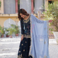 Pretty Teal Blue Color Faux Blooming Fabric With Embroidery And Sequins Work With Palazzo Suits